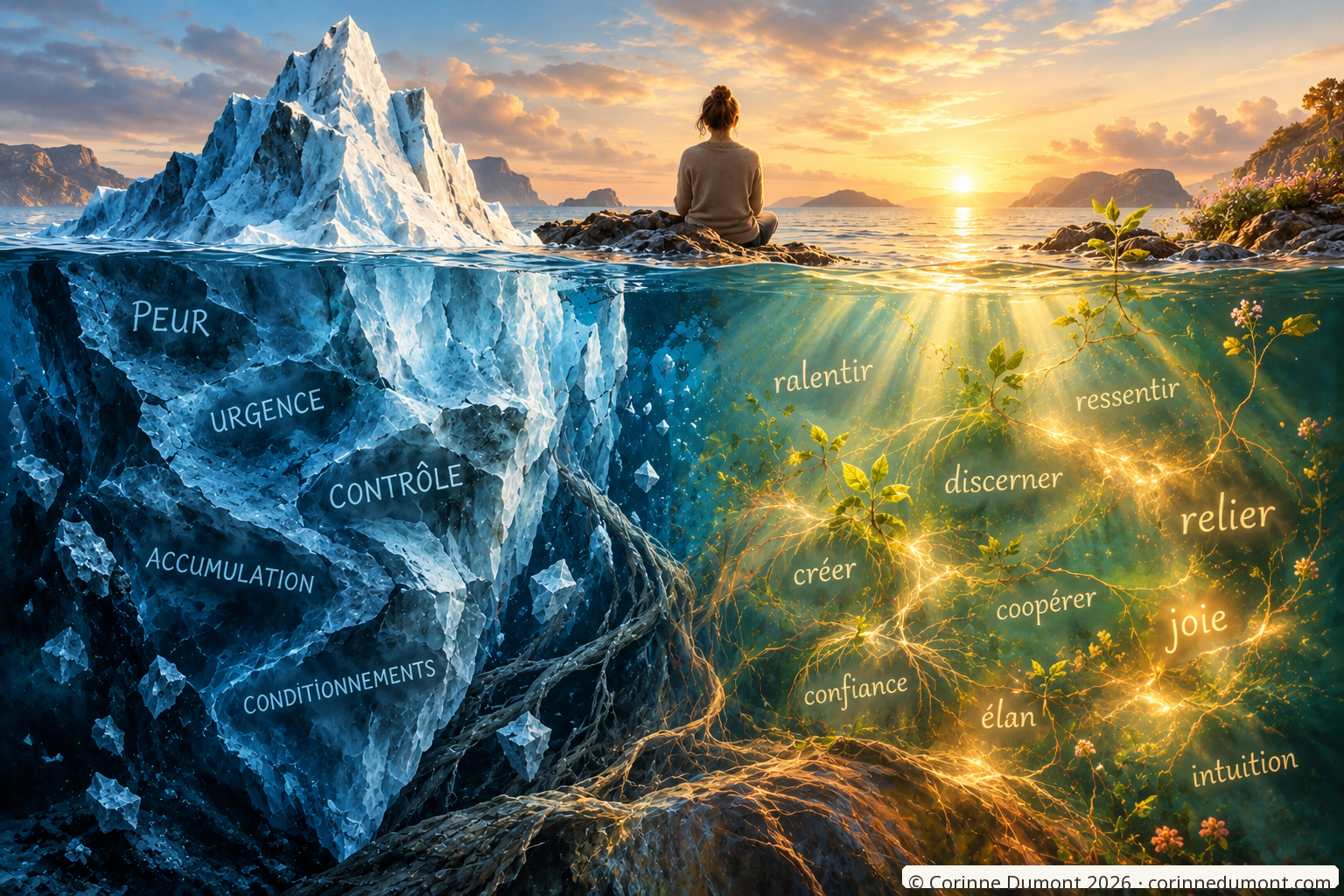 Iceberg peint : mots gravés dans la glace à gauche, mots flottant dans la lumière à droite, une femme assise au centre face au soleil couchant